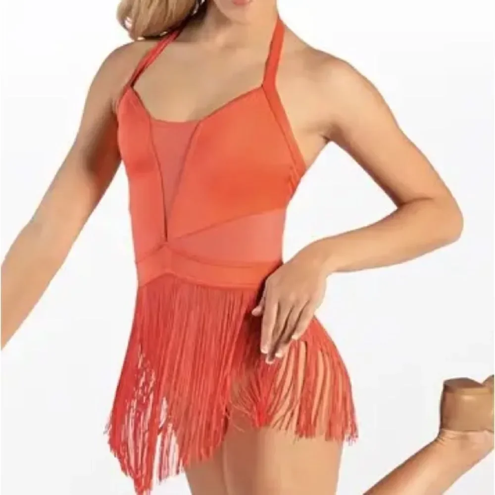 Weissman solo dance costume orange LUSTRE FRINGE HALTER DRESS D11359 SA adult